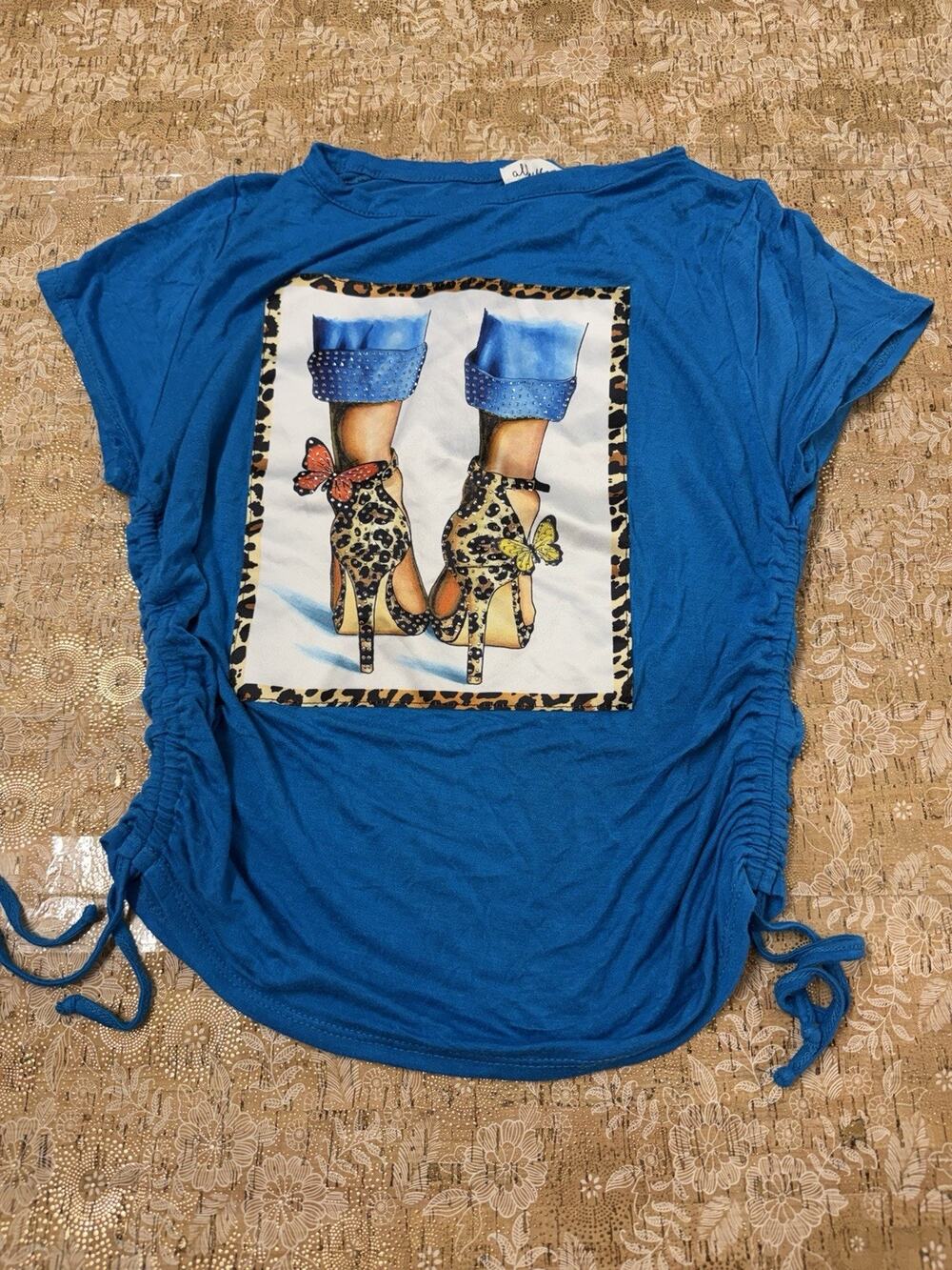 Women Coquette Short Sleeve T Shirt Graphic Shoes Rhinestones Top Blue sz M